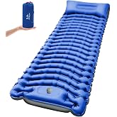 Pretyw Ultralight Camping Sleeping Pad with Pillow &amp; Built-in Foot Pump | Camping Mattress, Compact Inflatable Portable Mat for Camping, Backpacking, Hiking, Car Traveling, Beach, Tent, Single, Blue