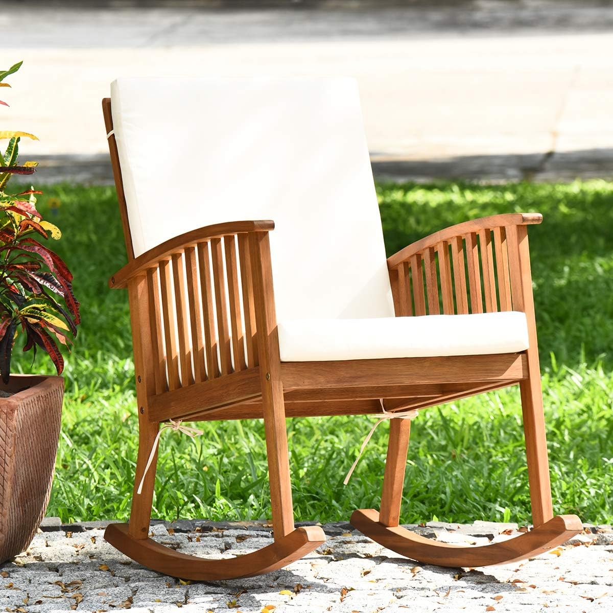 Tangkula Outdoor Acacia Wood Rocking Chair, Wooden Rocker w/Detachable Washable Cushions, Rocker for Porch Garden Patio Balcony Pool Indoor (1, Teak) : Garden & Outdoor