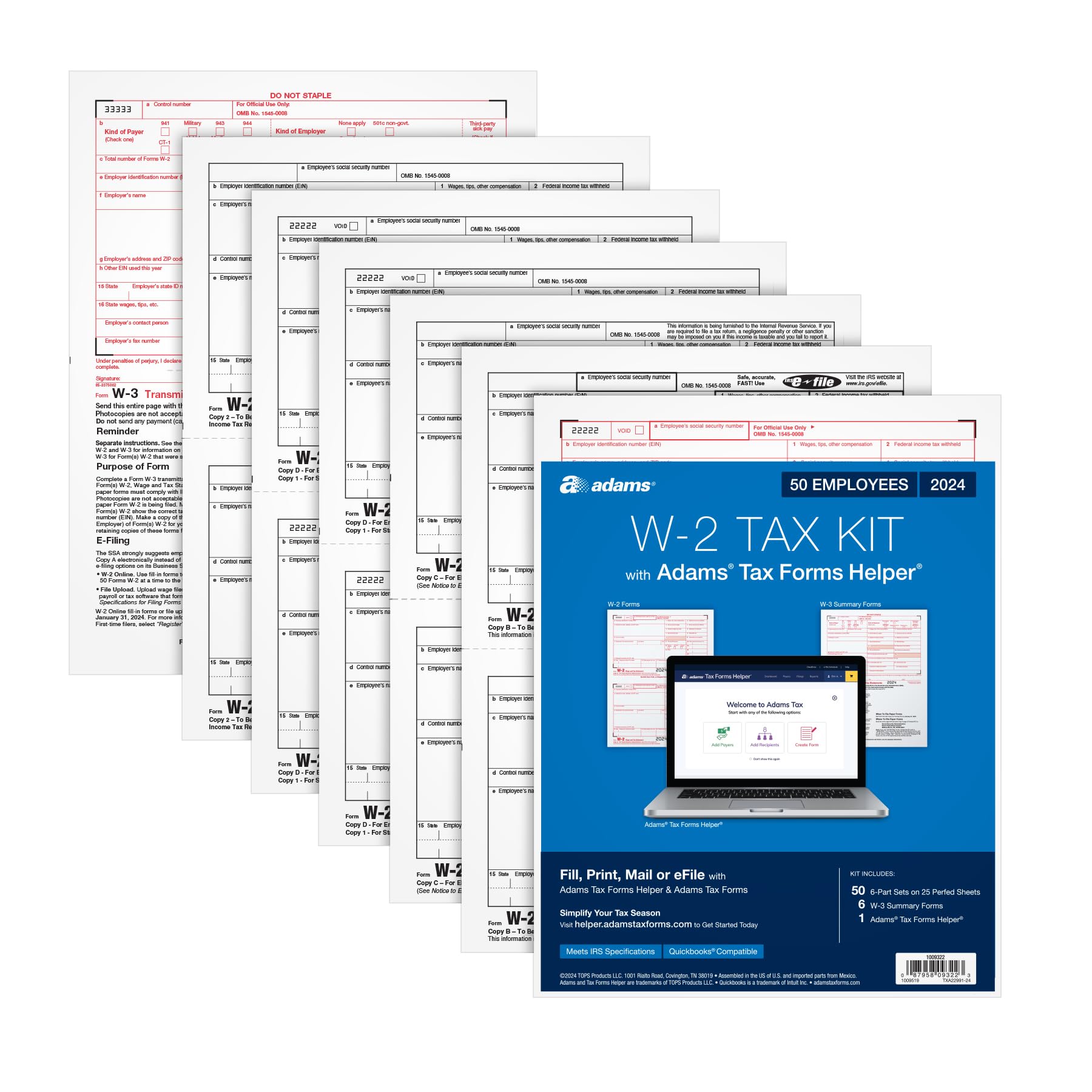 Photo 1 of Adams 2024 W2 Tax Forms 2024, 6 Part Laser/Inkjet Tax Forms, 50 Employees, Includes 6 W3 Forms, Access to Tax Forms Helper (1009322)