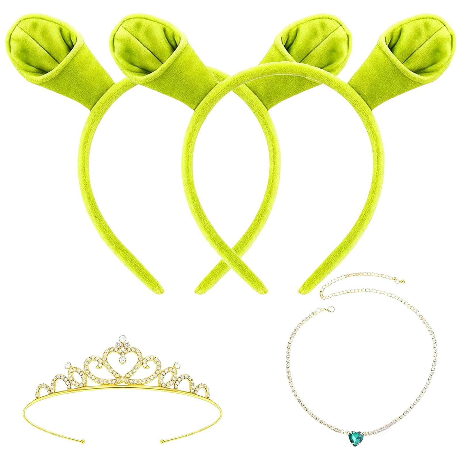 Vrexziy 4Pcs Green Ogre Ears Headband Set, Green Ogre Monster Ears Headband with Crown and Necklace, Ogress Costume Accessories for Cosplay Dress Up Party