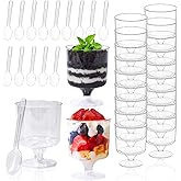 Fracurs 120 Pack Plastic Dessert Cups and 60 Spoons 5Oz Clear Mini Parfait Cup 60 Pcs for Party, Disposable Round Serving Golblet Wine Shot for Pudding, Fruit, Yogurt, Mousse,Ice Cream, Appetizer Bowl