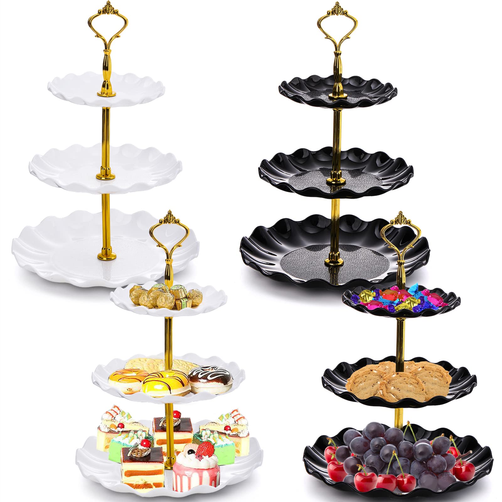 DEAYOU 4 Pack 3 Tier Cupcake Dessert Stand, Plastic Tiered Cake Stand Display Tower, Pastry Serving Tray Platter Rack Holder for Buffet, Cookie, Party, Wedding, Home Decor, White Gold, Black Gold