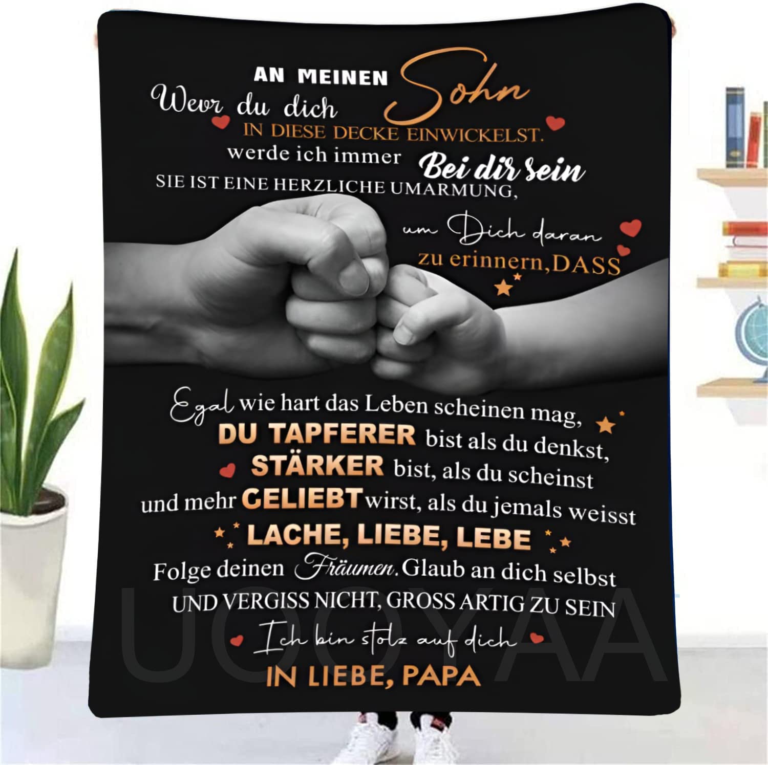 UOOYAA Cuddly Blanket, Personalised Gifts, Blanket An Meine Sonhn German Blanket for Son von Papa, Positive Encouragement and Love Son Flannel Blanket