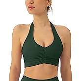 PAVOI ACTIVE Ruching Workout Halter Bra for Women - Low Support V Neck Yoga Backless Sports Bra Padded Halter Top - FlexFlow