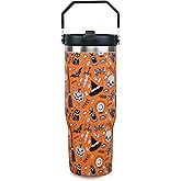 30oz Halloween Tumbler with Handle and Straw, Goth Black Cat Insulated Tumbler, Pumpkin Bat Skull Leak Proof Travel Coffee Mug, Reusable Stainless Steel Witch Tumbler, Halloween Gifts for Women