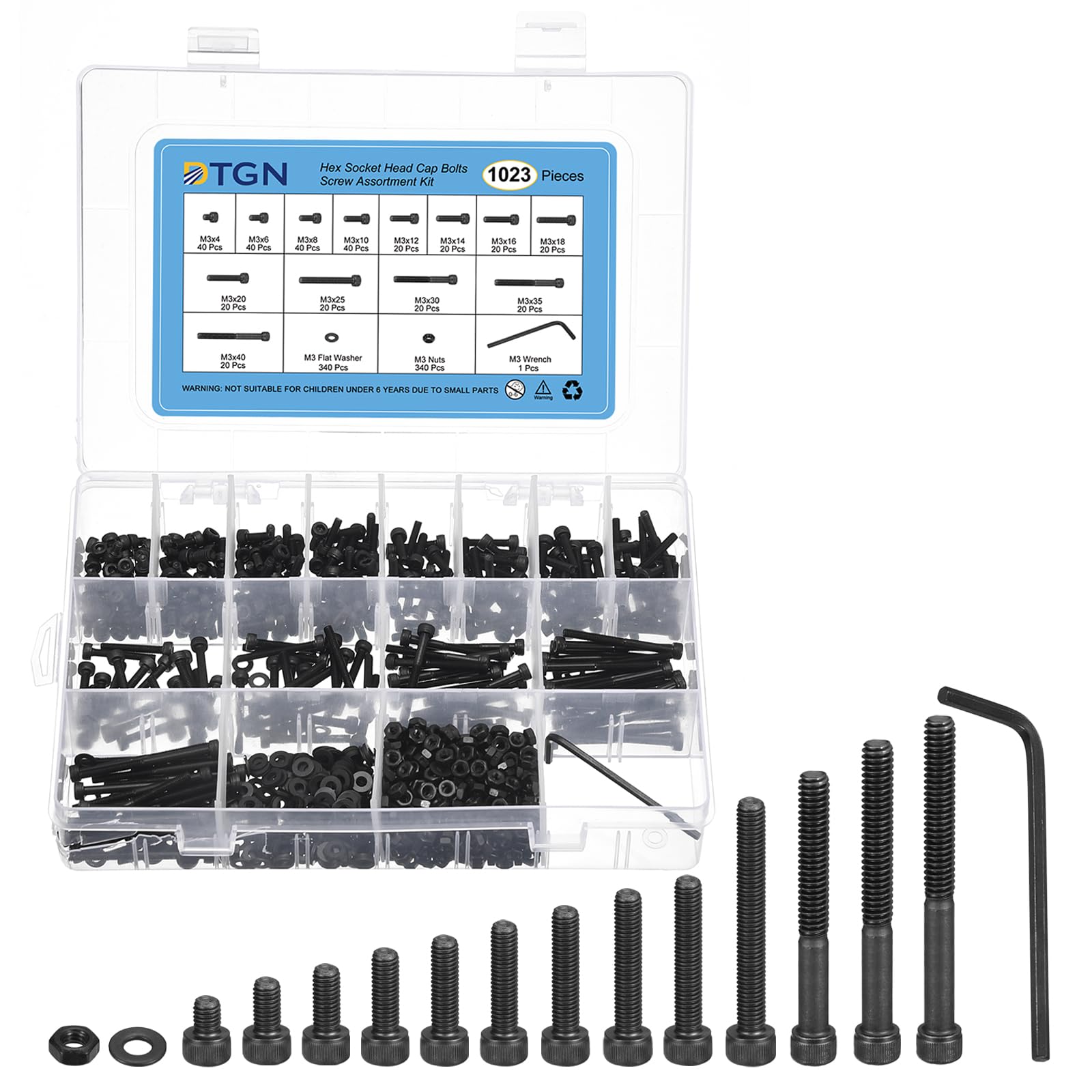 DTGN 1023Pcs M3 Metric Screw Assortment, Bolts and Nuts Kit, 12.9 Grade Steel M3x4/6/8/10/12/14/16/18/20/25/30/35/40mm Hex Socket Head Cap Screws Bolt Set With Wrench, Washers