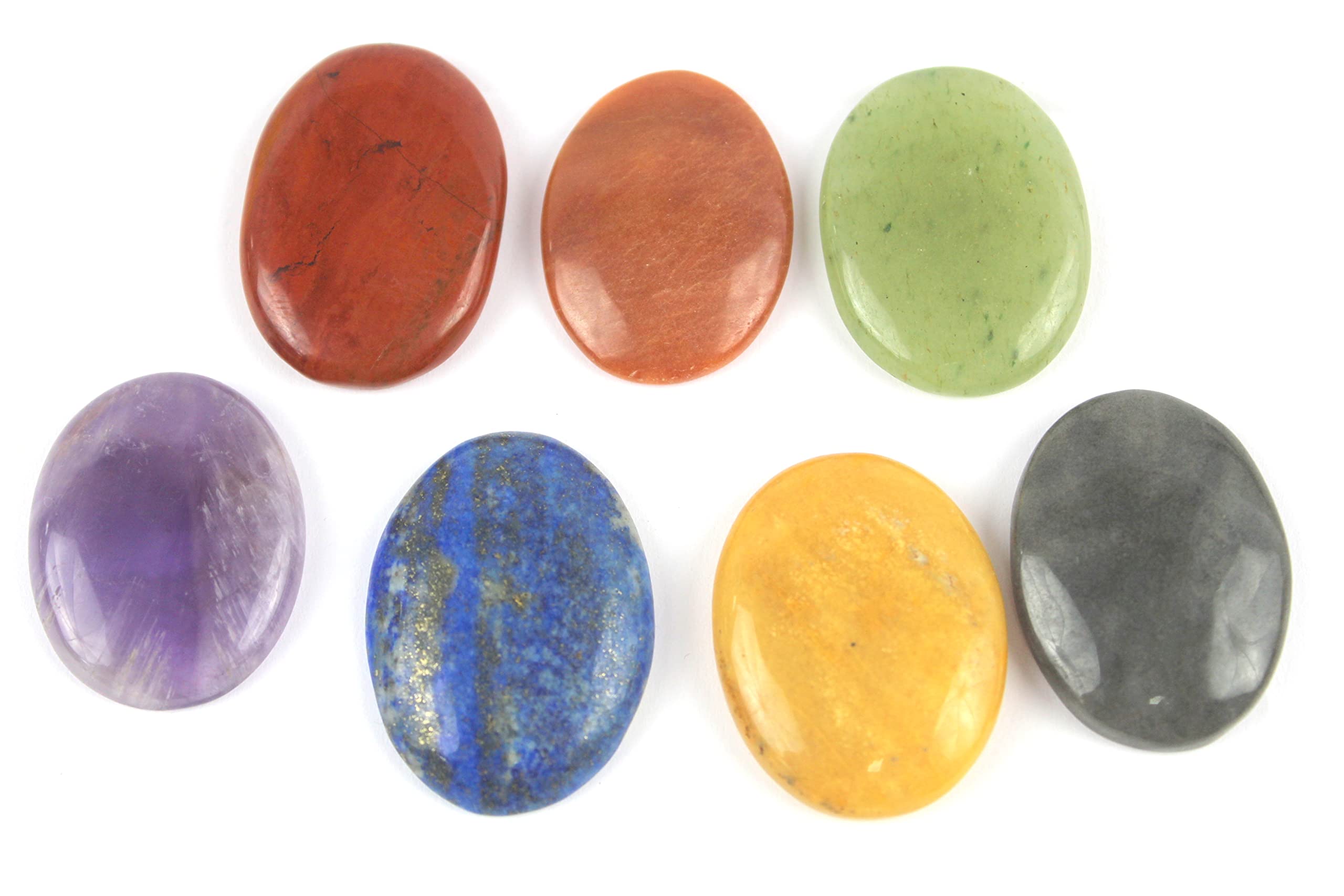 Jet International Fantastic Chakra Gemstone 7 Oval Flat Stone Set Palm Worry Stone Thumb Stone Crystal Therapy Geometry