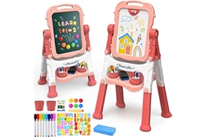 AuntyFey Easel for Kids, Toddler Easel, Double-Sided Chalk Board Kid, White Board, Kid Art Easel, Art Easel Age 4-8, Christmas Gift, Pink&Purple, Red&Pink