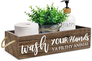 Msyueos Wash Your Hands Toilet Tank Basket, 2 Side Toilet Storage Toilet Tray Tank Topper, Brown Wooden Storage Box, Toilet Paper Holder Basket, Rustic Home Toilet Decor Bathroom Decor Box