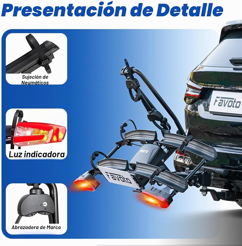 Portabicicletas E-Bike con Rampa Plegable – Soporte de Bola para 2 Bicis (60kg), Aluminio, Antirrobo, Luces 13 Pines y Soporte Matrícula