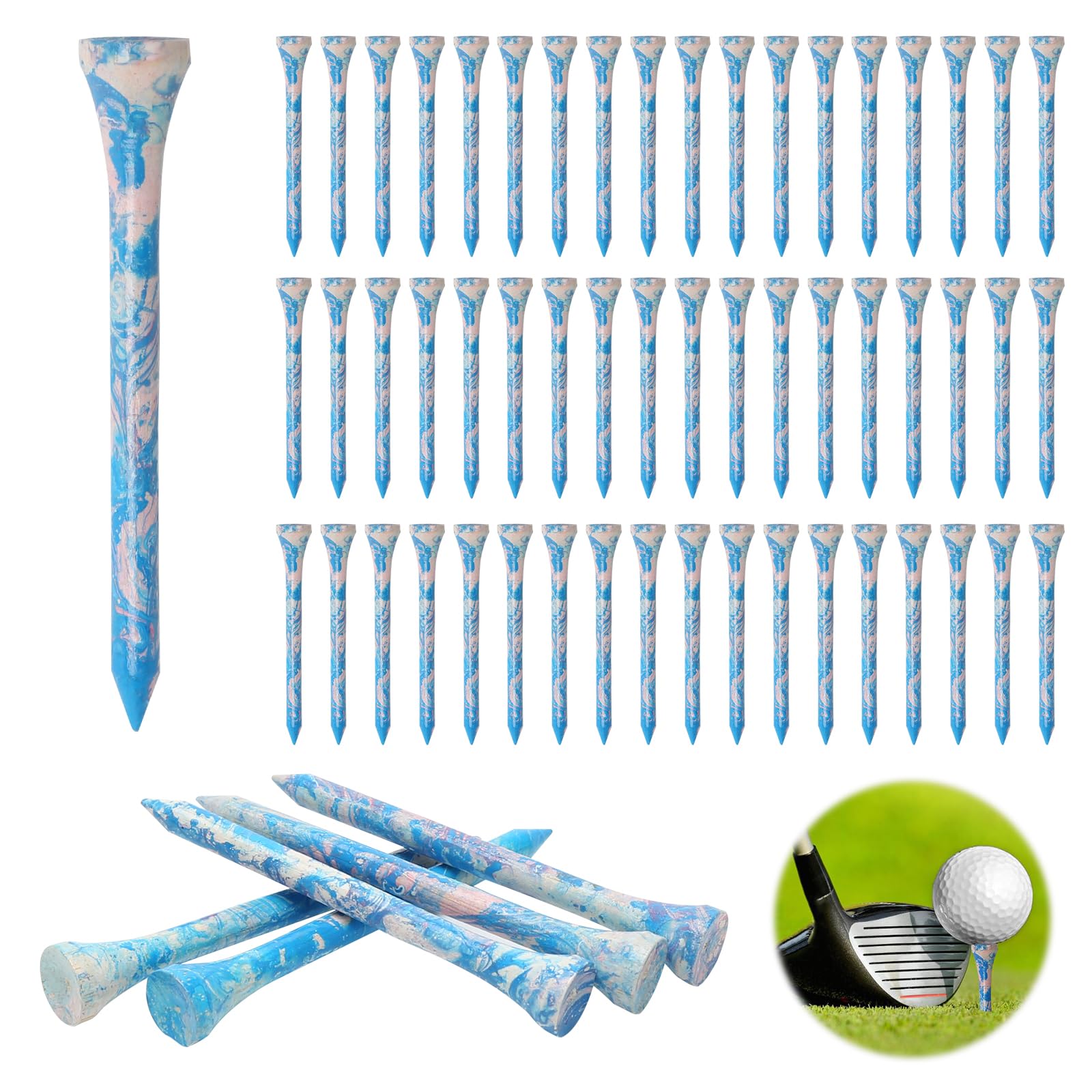 POXIAOER Golf Tees, 60 Pack Bamboo Golf Tees 70mm, 7cm, 2-3/4 inch Golf Tee Biodegradable Sustainable Golf Accessories, Curved Top Low Friction Resistance (Style A)