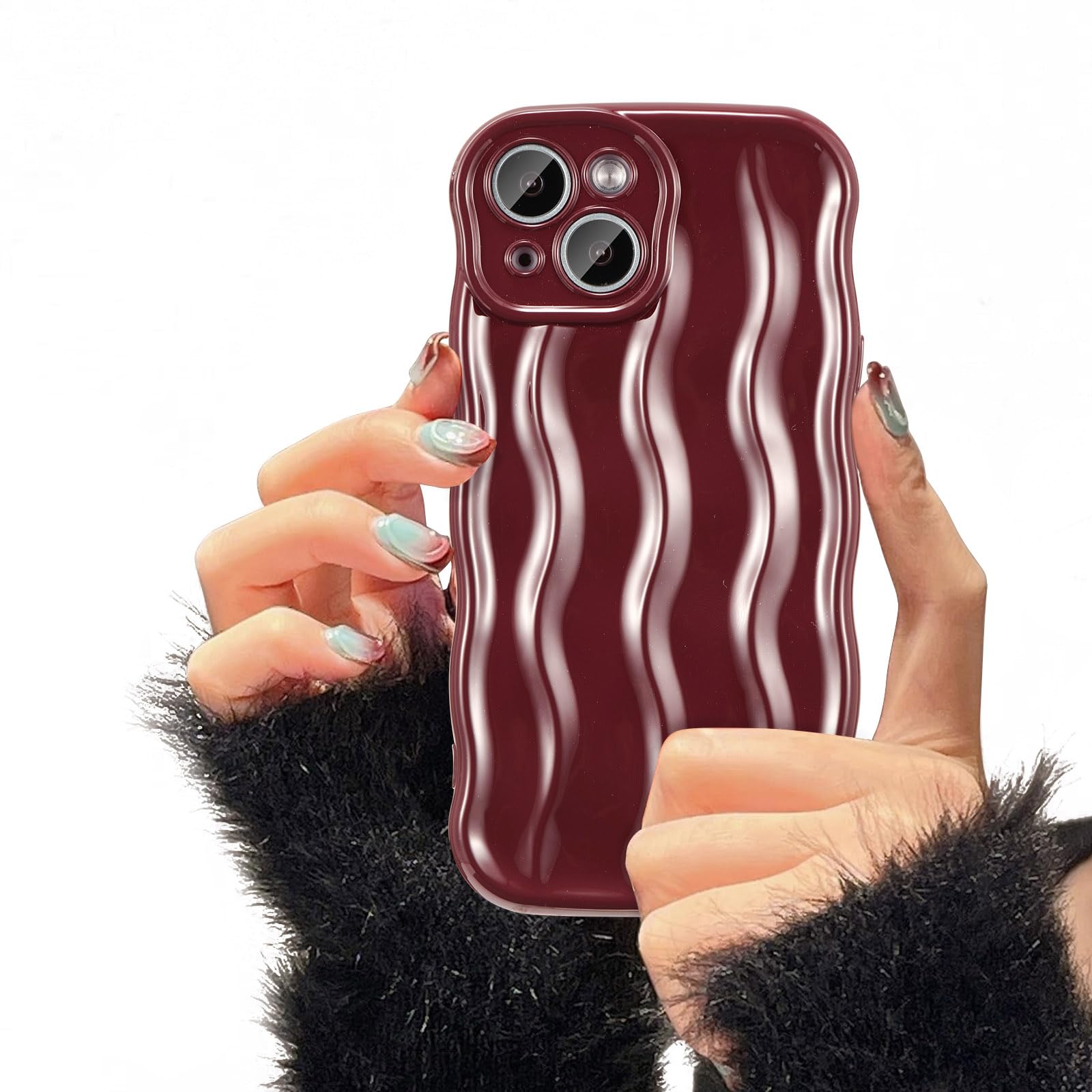 UEEBAI Water Ripple Pattern Curly Phone Case for iPhone 13 6.1 inch, Stylish Pretty Cute Wave Frame Soft Case 3D Protective Cover Shockproof Case for Women Girls Slim Case - Wine Red