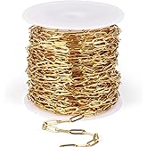 [33 Ft] Stainless Steel Paperclip Chains Roll, 3mm Width 18K Gold PVD Plated Stainless Steel Oval Link Chains Spool Bulk for Jewelry Making