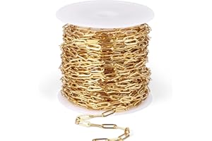 CADIKEZ [33 Ft] Stainless Steel Paperclip Chains Roll, 3mm Width 18K Gold PVD Plated Stainless Steel Oval Link Chains Spool Bulk for Jewelry Making