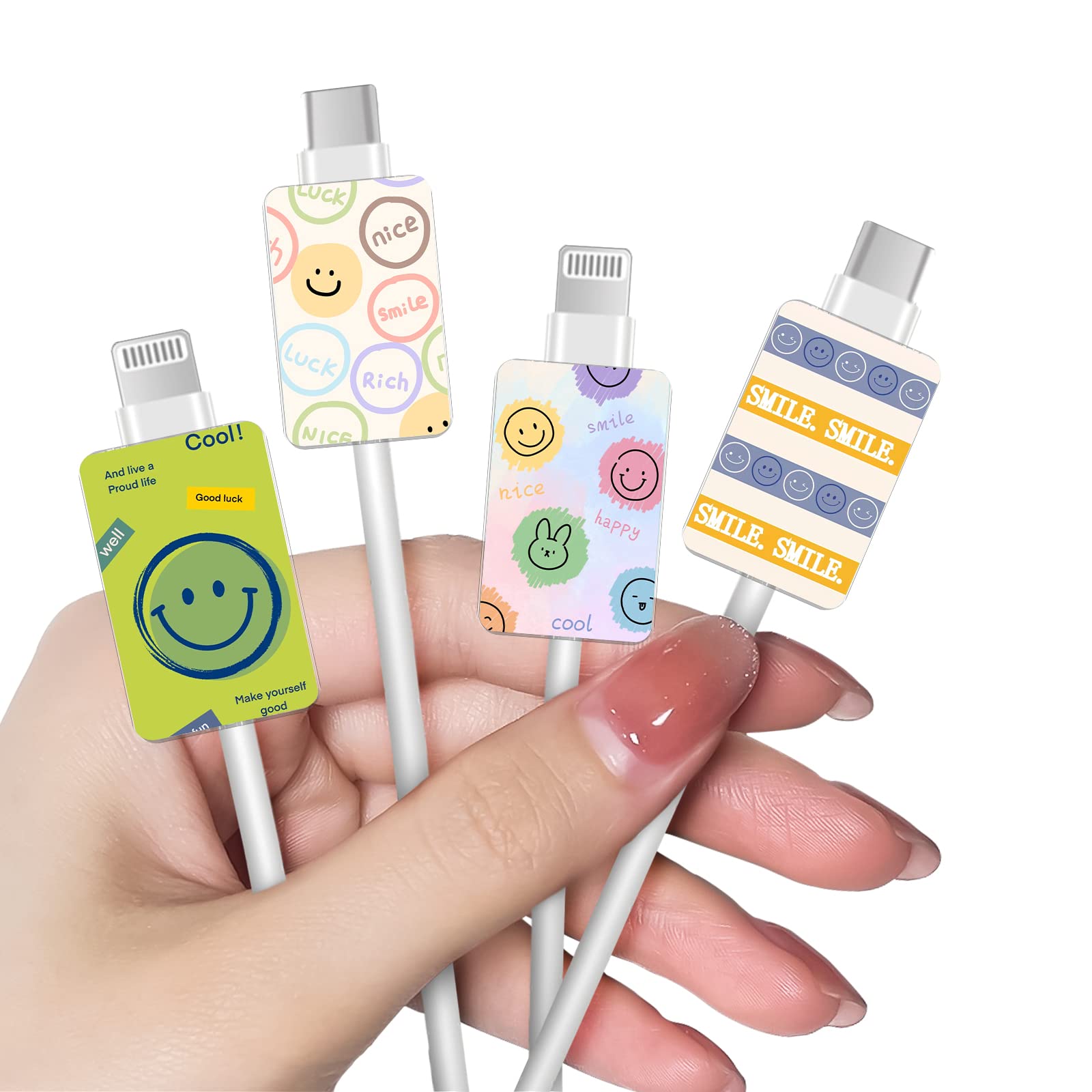 DiyGody Cute Cable Protector for iPhone Type-c Charger, 4 PCS Set, Colorful Happy Face Pattern, Charging Cord Saver, Compatible with iPhone 5-13, iPad, iPod