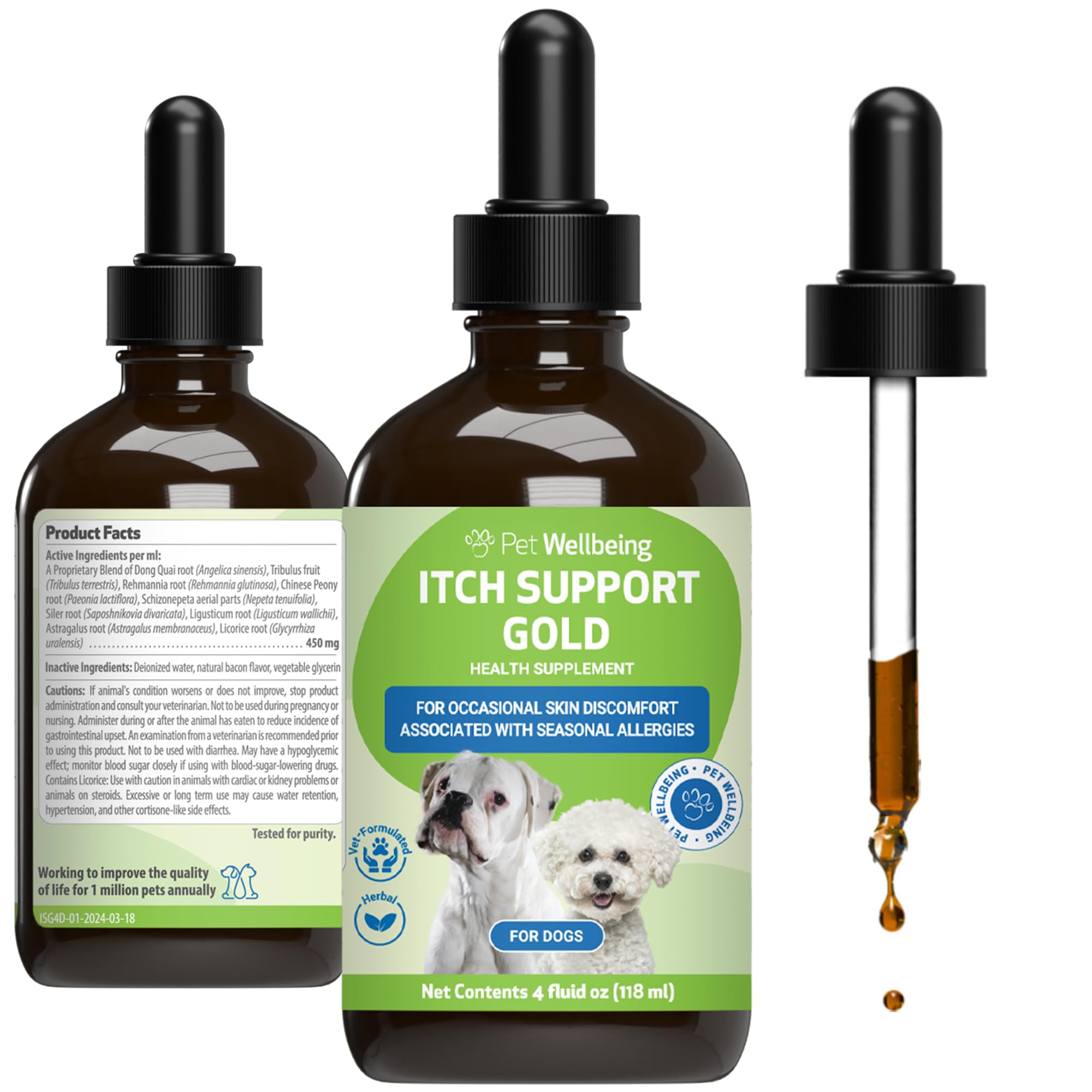 Pet Wellbeing Itch Support Gold for Dogs & Cats - Occasional Itching and Hot Spots, Environmental and Seasonal Allergies, Dong Quai - Veterinarian-Formulated Herbal Supplement 4 oz (118 ml)