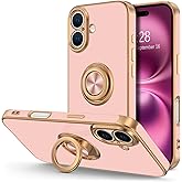 Hython for iPhone 16 Plus Case with Ring Stand, 360° Rotatable Ring Holder Magnetic Kickstand, Plating Rose Gold Edge Soft Cover Protective Phone Case for iPhone 16 Plus 6.7", Pink