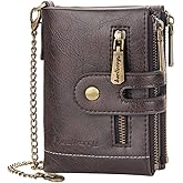 SUMGOGO Wallets for Men Bifold Leather Wallets with Chain RFID Blocking Double Zipper Coin Pocket Short Purse (Coffee)