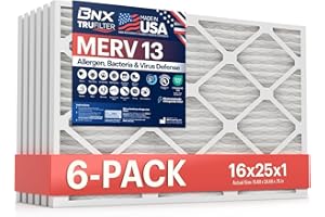 BNX TruFilter 16x25x1 Air Filter MERV 13 (6-Pack) - MADE IN USA - Electrostatic Pleated Air Conditioner HVAC AC Furnace Filte