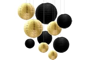 ZOOYOO 10pcs Paper Lanterns,Black Gold Round Hanging Paper Lanterns Decorations for Graduation,Anniversary,New Year,Farewell,Retirement,Birthday Party,Graden Decor