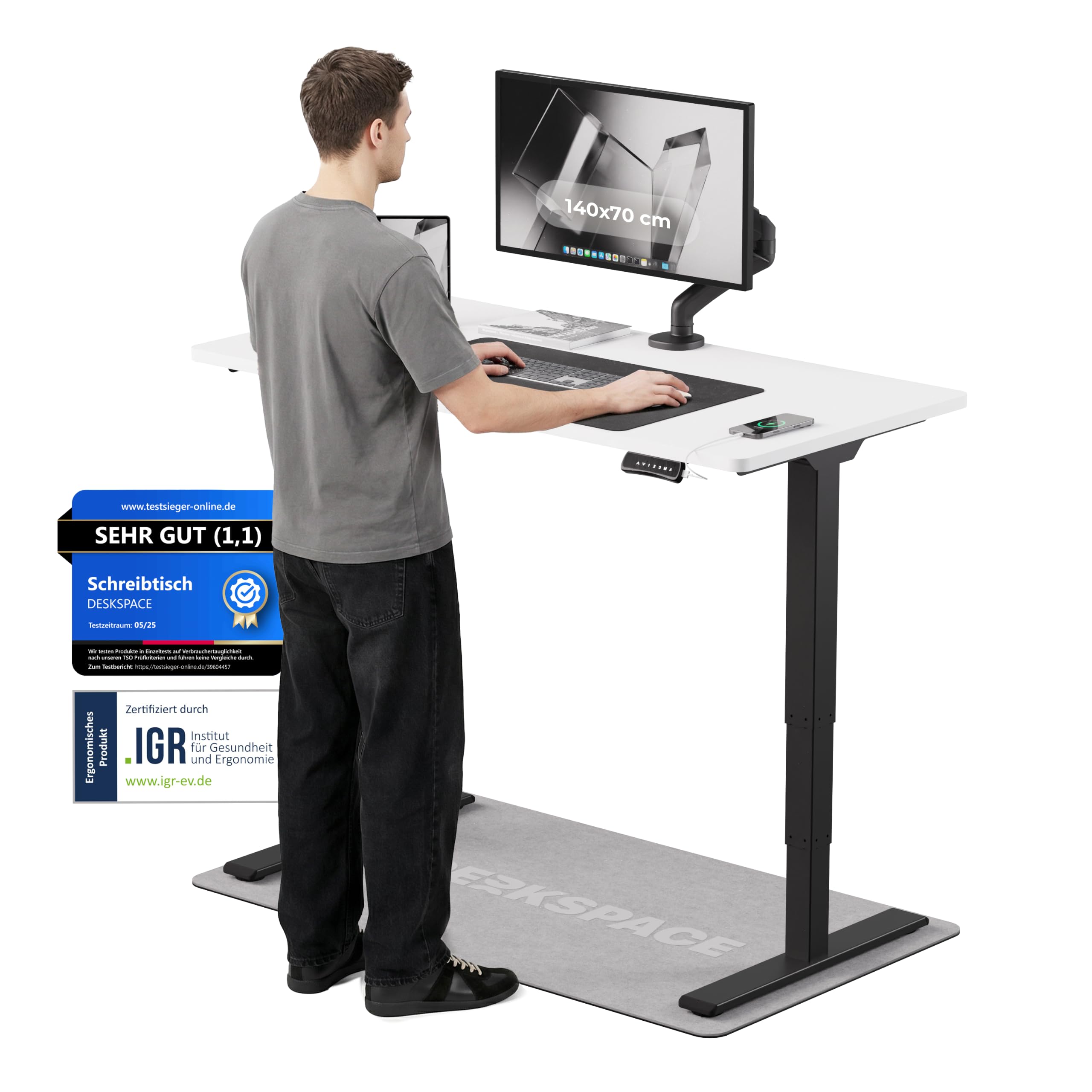 DESKSPACE PRO Plus höhenverstellbarer Schreibtisch elektrisch (140x70cm) - Büro Tisch mit Kollisionsschutz, Memory-Funktion und 10 Jahre Gewährleistung, Stehpult (Gestell Schwarz, Tischplatte Weiß)