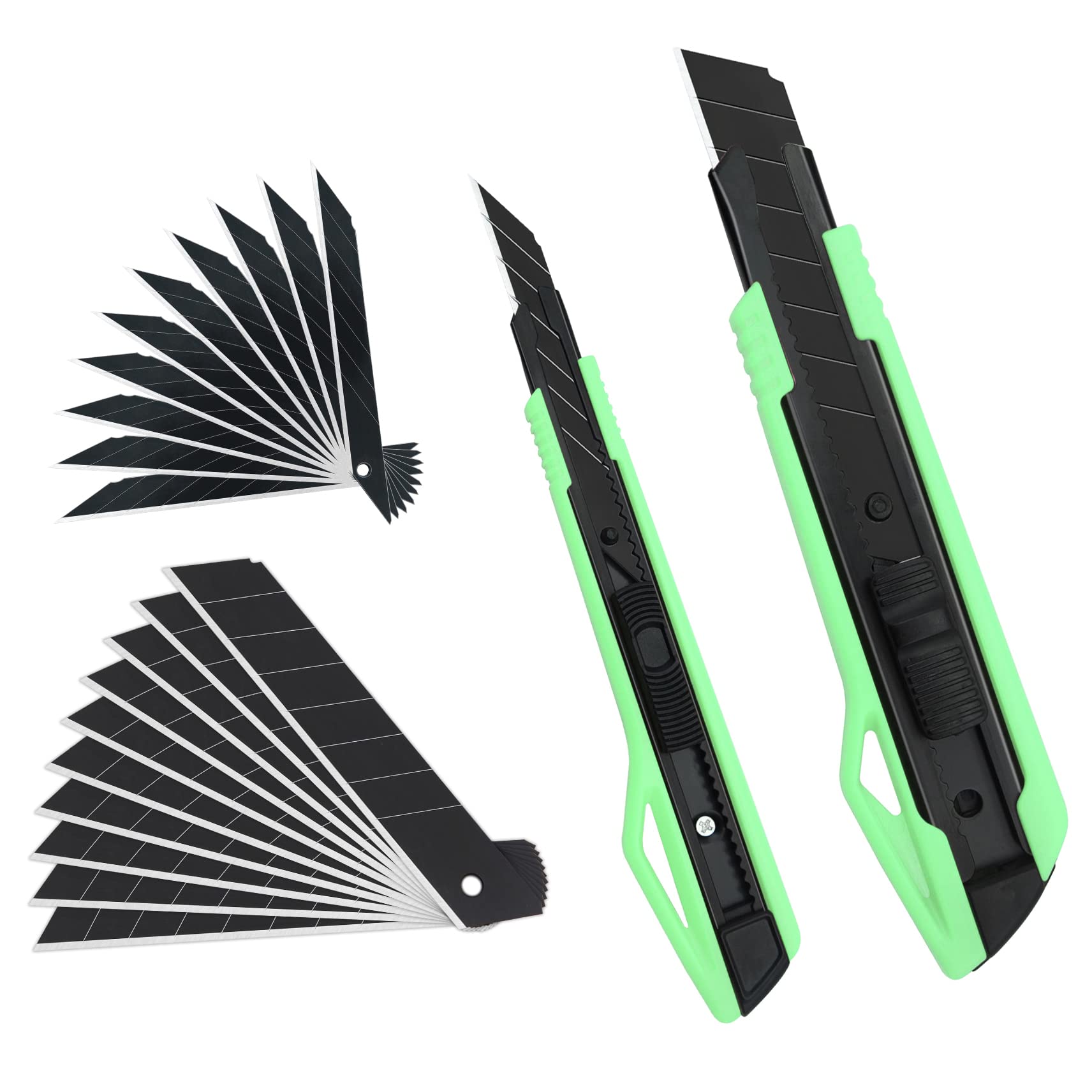 Photo 1 of MANUFORE 2 Pack Green Snap-off Utility Knife 9mm 30 Degree Knife and 18mm Knife Set with 20pcs Black Blades for Cutting Paper, cardboard