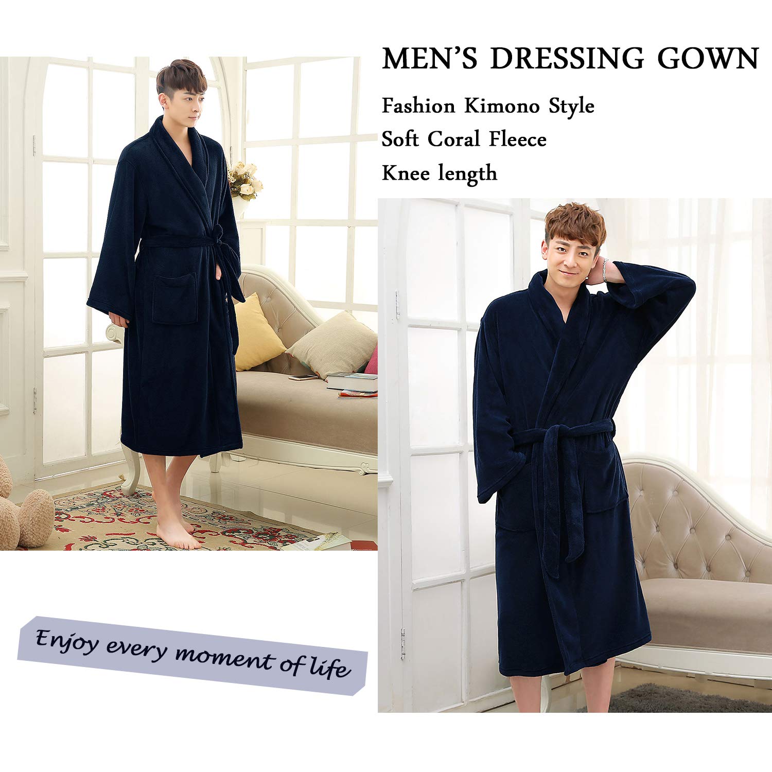 CaiDieNu Men\'s Dressing Gown Luxury Soft Bath Robe Microfiber Nightwear Knee Length Housecoat Loungewear