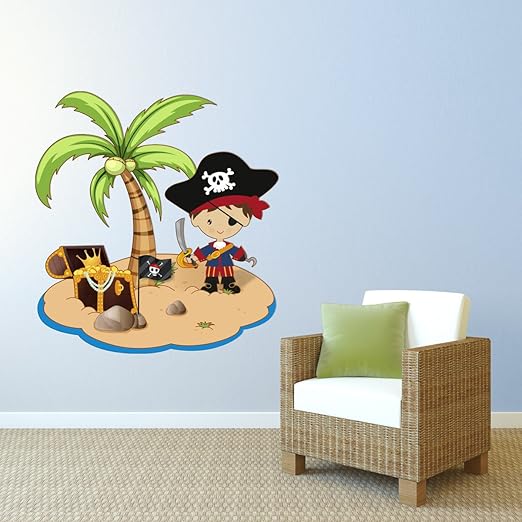 Kinderzimmer Wandtattoo Pirateninsel mit Pirat, Schatz und Totennkopf