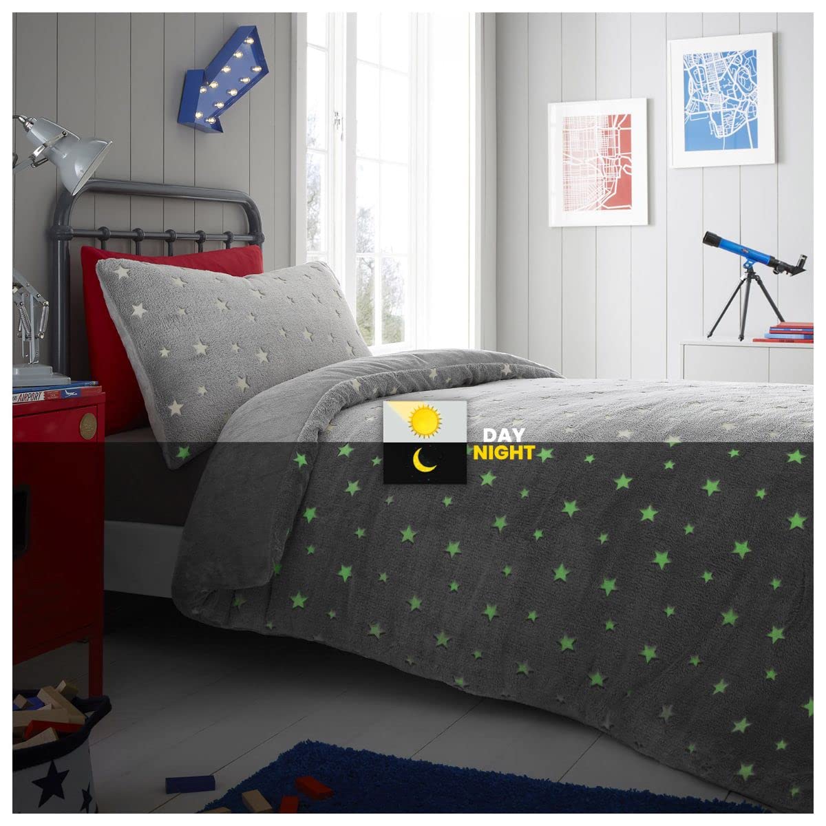 GC GAVENO CAVAILIA Teddy Fleece Double Duvet Covers, Glow In Dark Warm & Cosy Bedding Set, Star Quilt Cover, Grey