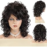 GNIMEGIL 70s Shoulder Length Synthetic Hair Wigs For Women Medium Mixed Dark Brown Wavy Curly Wig With Bangs Thick Bouncy Chocolate Brown Hair Replacement Fun Wig Costume Party Daily Use