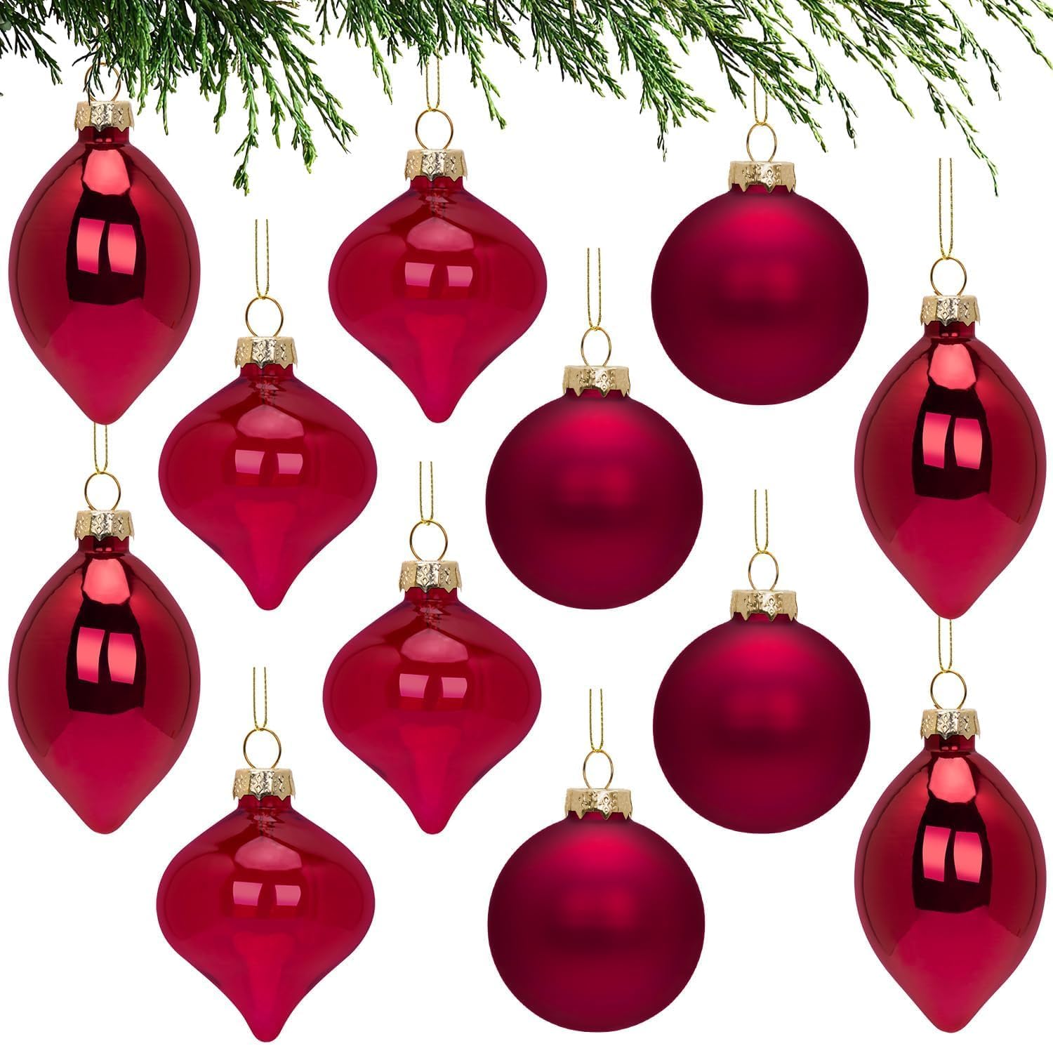 Photo 1 of 12 Pcs Burgundy Glass Christmas Ball Ornaments Set, Assorted Hanging Baubles for Christmas Tree, Vintage Wine Red Decorations for Winter Holiday Xmas Tree Decor