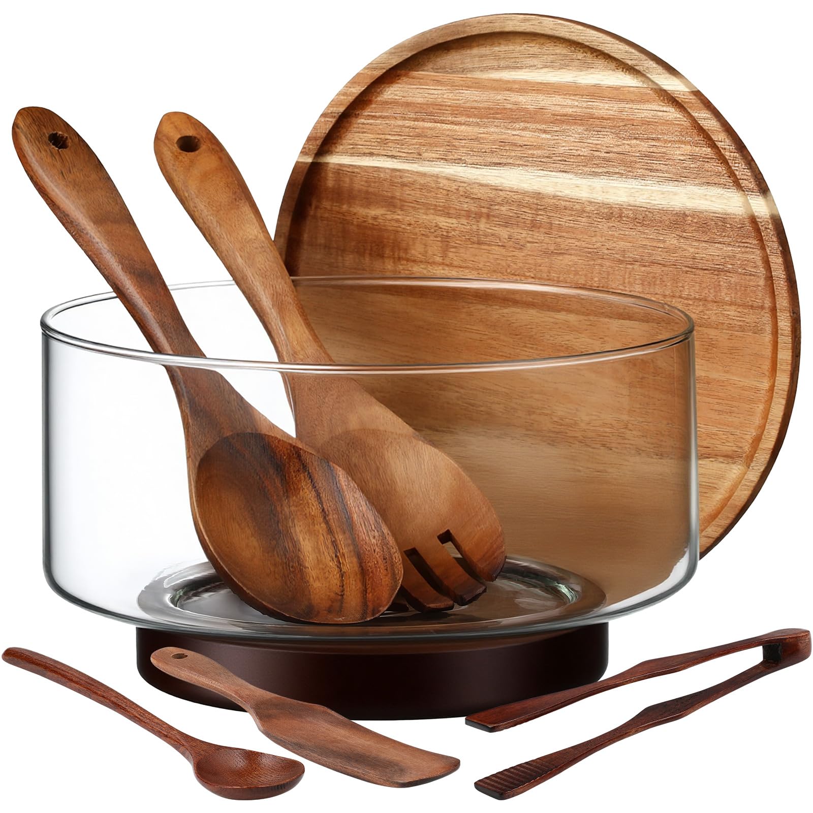 Photo 1 of FoldTier Large Glass Salad Bowl Set, Party Salad Bowl with Acacia Wood Base and Lid as Cheese Charcuterie Board and Plate, Comes with 5 Pieces Elegant Wood Serving Utensils