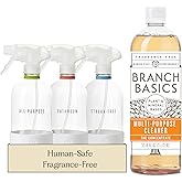 Branch Basics Cleaning Essentials Kit: All Purpose, Glass and Bathroom Cleaner - Concentrate (33.8 Oz) (24 Refills) + Refillable Glass Spray Bottles (16 Oz) Plant Based, Human-Safe, & Fragrance Free