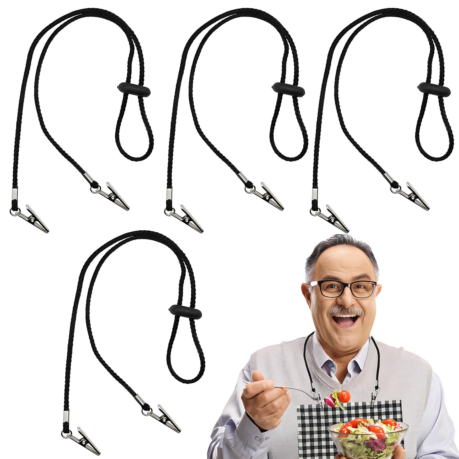 SwirlColor Napkin Clips 4pcs, 62cm/24.4in Adjustable Napkin Chains for Women Men Flexible Napkin Holders for Dining Restaurant - Black