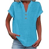 Linen Shirts for Women 2026 Plus Size Trendy Oversize Crewneck Short Sleeve Tops Casual Loose Casual Comfy Blouses