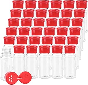 Kingrol 36 Pack Plastic Spice Jars with Red Sifter Caps, 2.5 oz Reusable Seasoning Jars for Powders, Herbs, Spices, Sauces