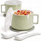 Presva Ceramic Soup Bowls with Handles &amp; Lids, Set of 2 with Spoons &amp; Trivets, 30oz Large Soup Mugs, Oven Safe Bowls for Soup, Ramen, Oatmeal &amp; Cereal, Microwave &amp; Dishwasher Safe, Green