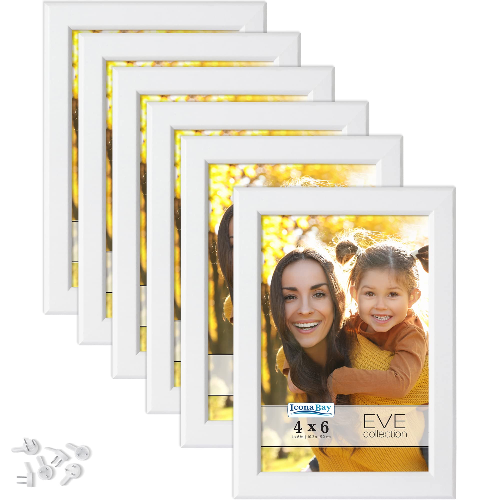 Icona Bay 6x4 Picture Frames (White, 6 Pack), Modern Double-Bevelled Frame, Tabletop or Wall Mount, Eve Collection
