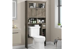 Vabches Over-The-Toilet Storage Cabinet with Double Doors, Toilet Paper Holder Stand & Adjustable Shelf, Freestanding Space Saver, Grey