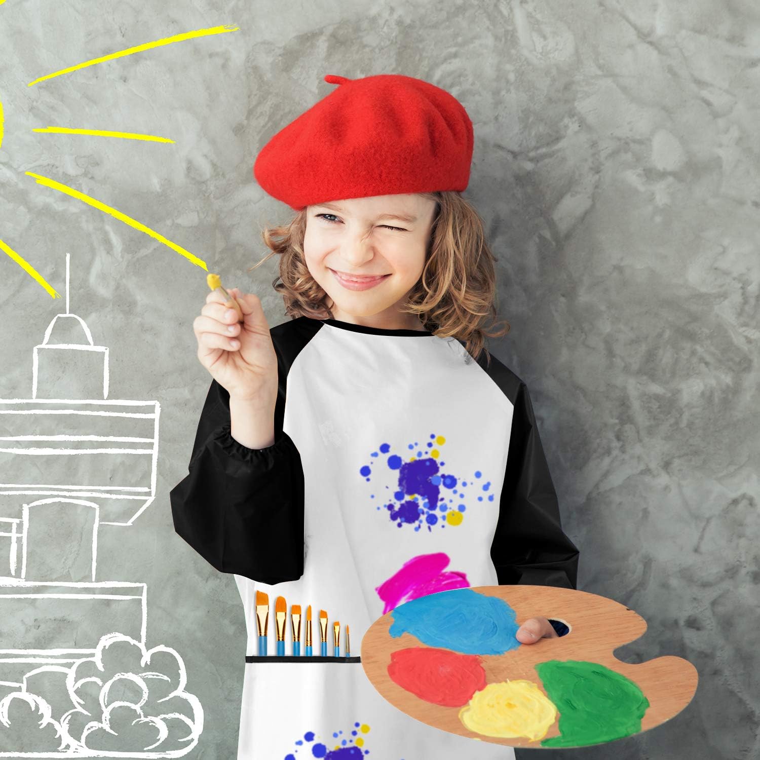 GODR7OY Kids Art Smocks, Painting Apron Artist Smock with Sleeve and 3 Pockets 2 Pack Black/White Set for Age 10-14 Years (Large) - Image 5
