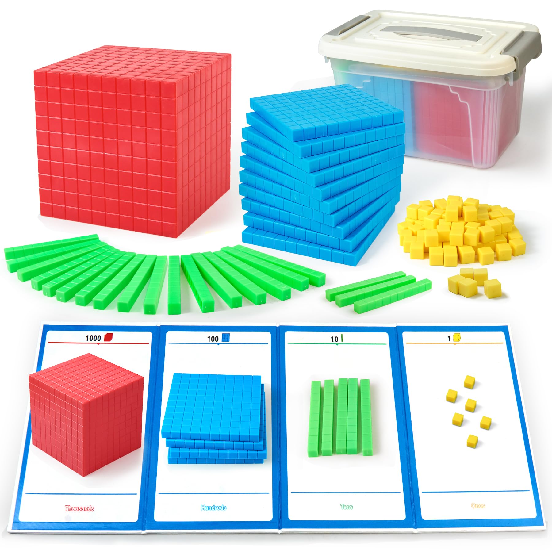 Math Manipulatives for Kids Aged 3+.Base Ten Blocks with Place Value Chart - Plastic Math Cubes to Help Educate Kindergarten Teachers.133 PCS