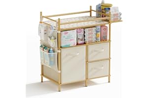 Amazer Baby Changing Table, Bamboo Diaper Changing Station with 3 Removable Storage Drawers, Baby Dresser Table with Flat Top, Large Storage Nursery Organizer Shelves with Pad, Mesh Pocket