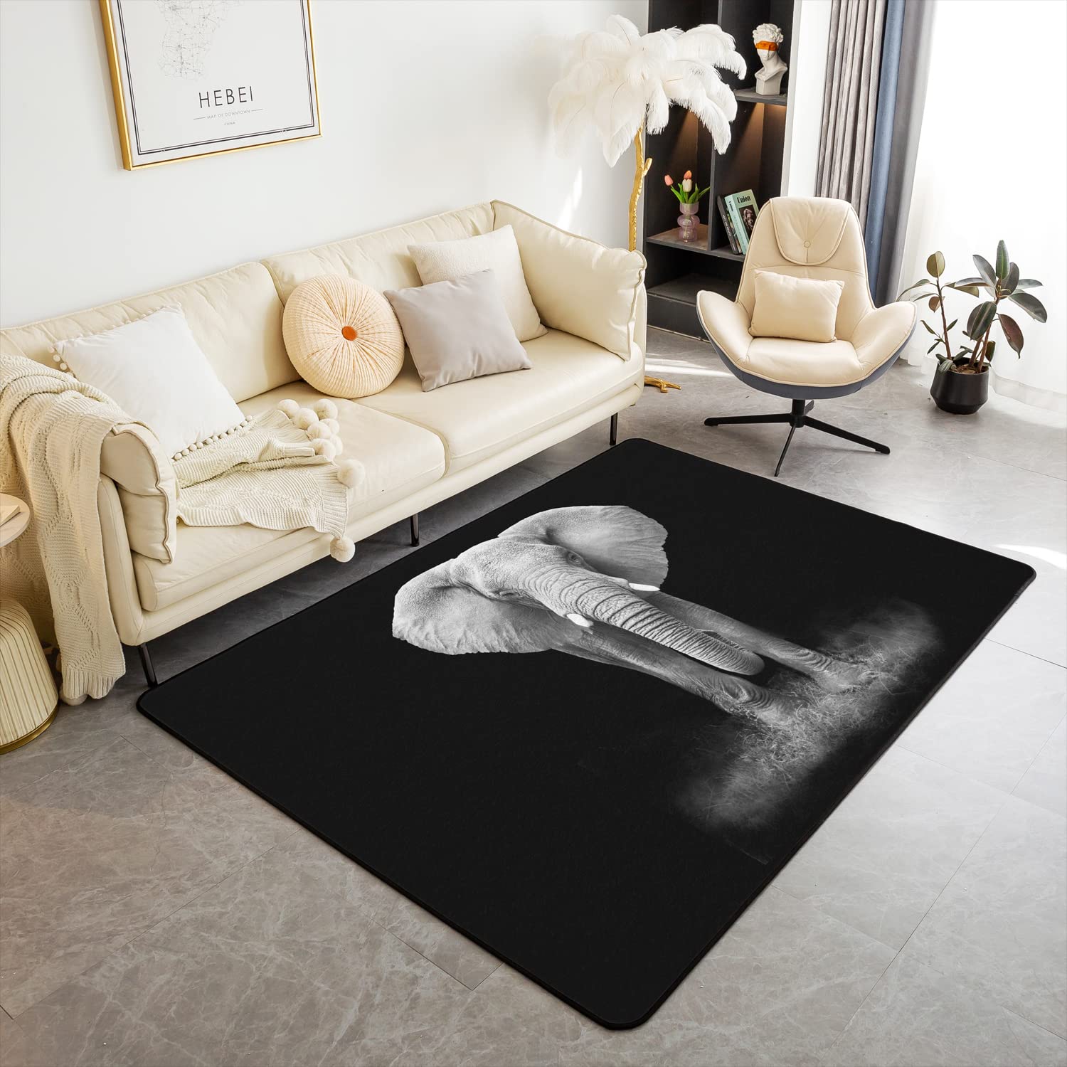 Loussiesd Elephant Area Rug Wild Aniaml Rug for Living Room Bedroom Soft Black White Elephant Print Carpet Rug Indoor Floor Mat Accent Rug for Playing Room Kitchen Home 100 * 150cm