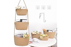 DEGEYOYO Hanging Storage Baskets, 3-Tier Over the Door Basket, Cotton Wall Baskets Storage, Detachable Hanging Door Basket with 4 Hooks, Over the Door Organizer Nursery for Bedroom, Living Room, Bathroom Wall