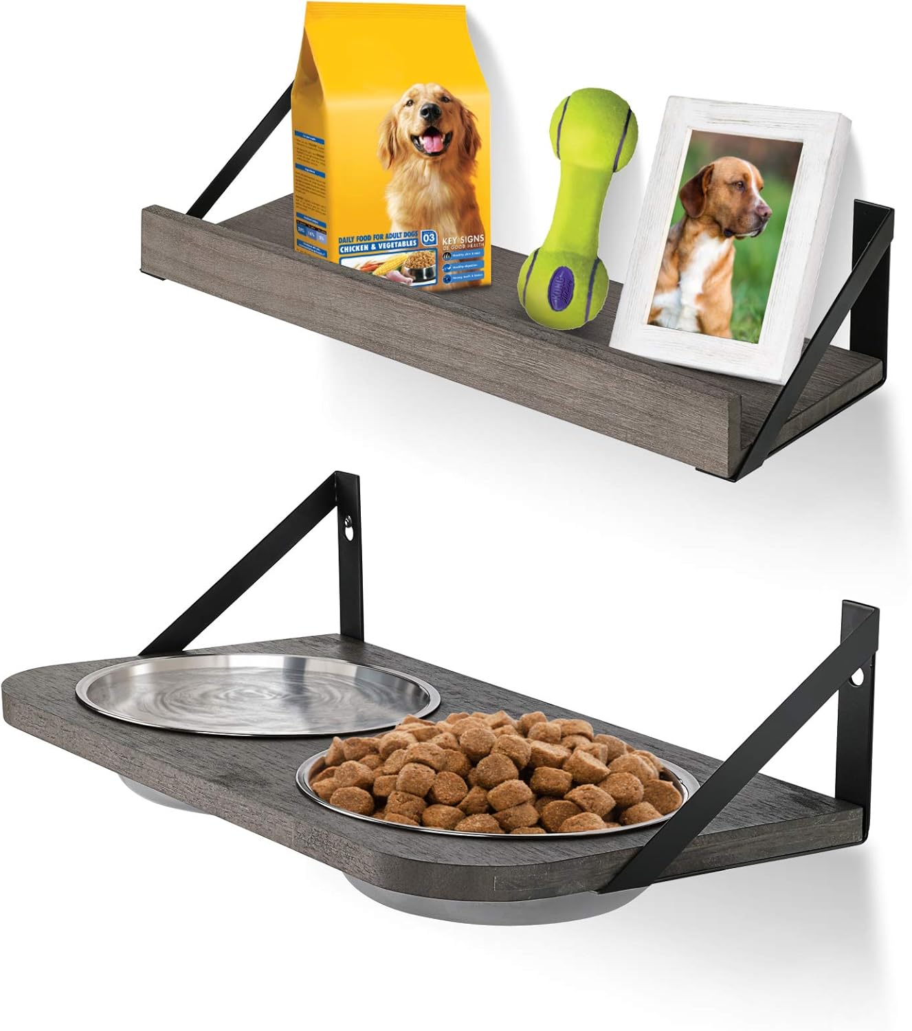 Emfogo Dog Bowls Customized Height Wall Mounted Elevated Pet Feeder with 2 Stainless Steel Dog or Cat Dishes and Storage Shelf Rustic Wood Raised Pet Bowls 15.9 in L