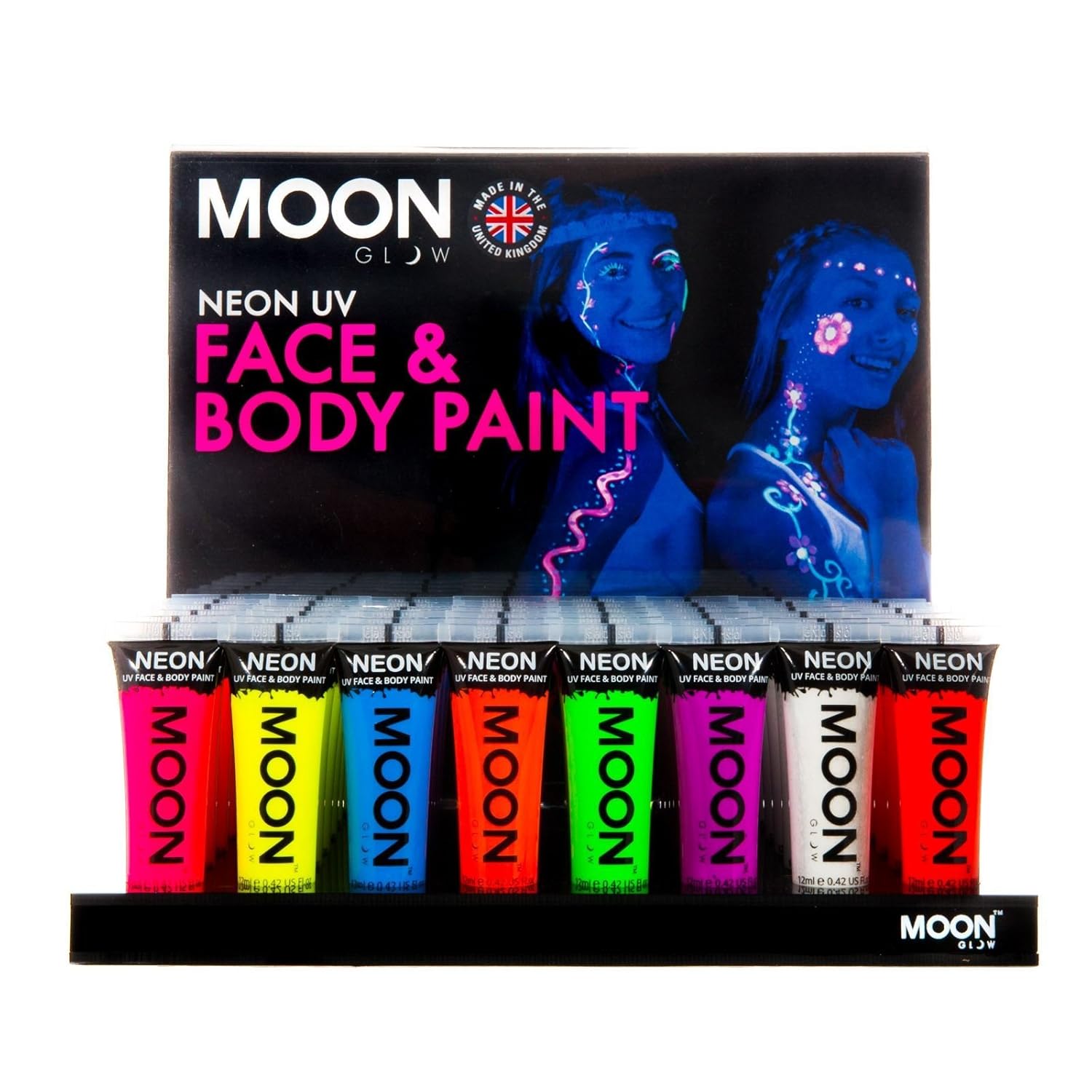 Moon Glow - Intense Neon UV Face & Body Paint - 0.42oz Display Case of 48 tubes - includes acrylic display stand