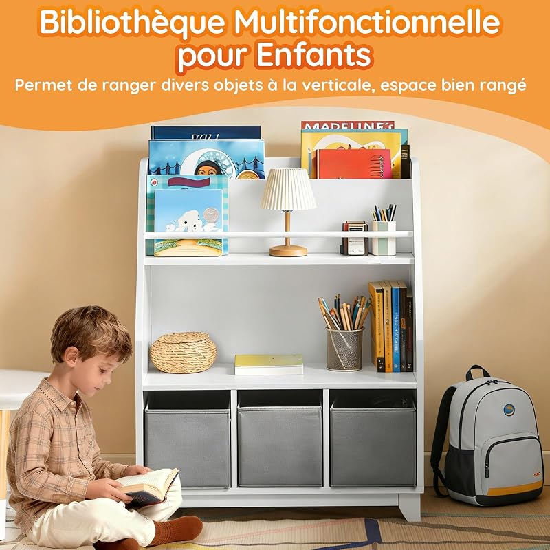 Bibliothèque Enfant 3 Paniers Charge Max. 50kg 63x28x80cm