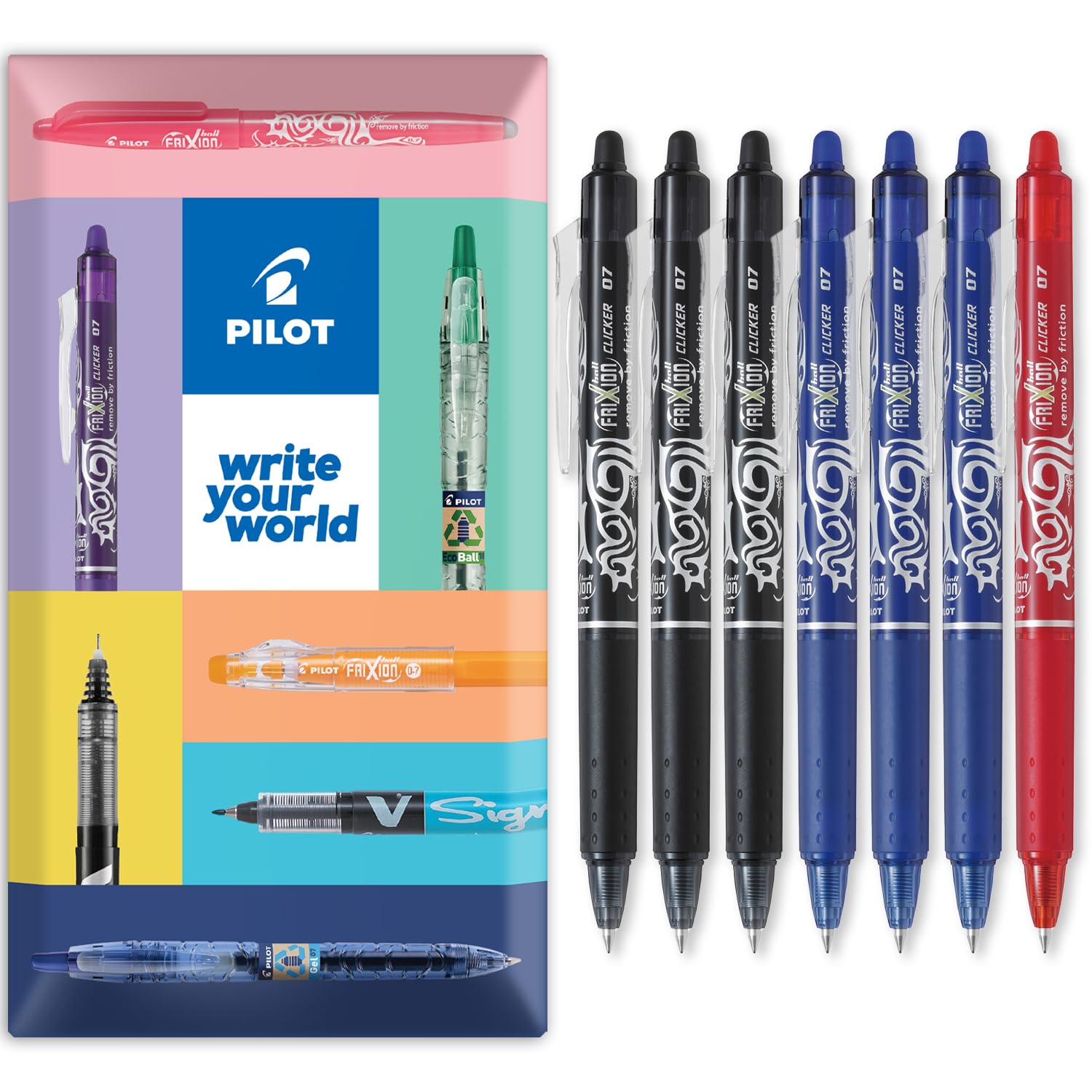 PILOT FriXion Clicker Fine Erasable Friction Rollerball Pen - Retractable Tip 0.7mm Nib 0.35mm Line Width - Pack of 7 Pens in Envelope Gift Packaging - Black, Blue, Red