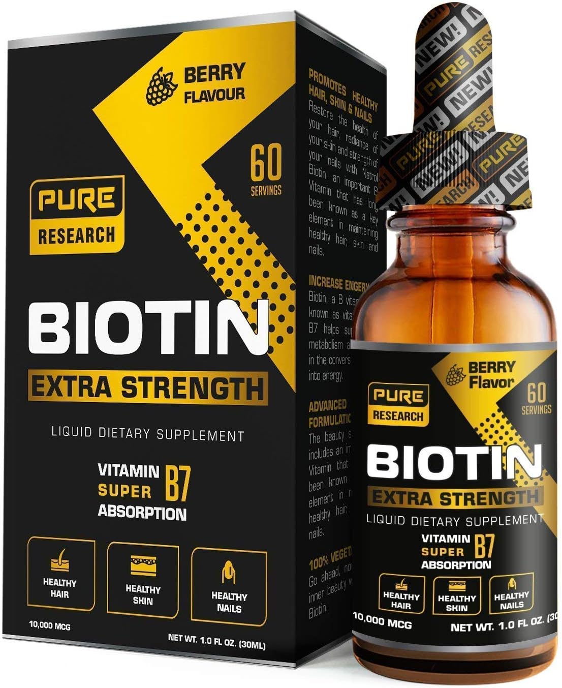 Extra Strength 10000mcg Biotin Liquid Drops, 60 Servings, Vegan Friendly, Supports Healthy Hair Growth, Strong Nails and Glowing Skin, 3X More Absorption Than Capsules or Pills