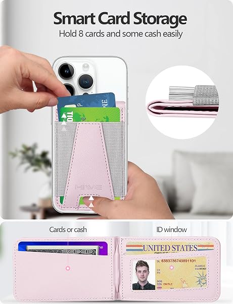 HIWE FOR MAGSAFE WALLET, MAGNETIC WALLET WITH ADJUSTABLE STAND, EIFFEL-TOWER MAGSAFE WALLET STAND FOR IPHONE 16/16 PRO/15/14/13/12 SERIES, OPEN ID WINDOW, 8 CARD HOLDER, VEGAN LEATHER, PINK AND GRAY